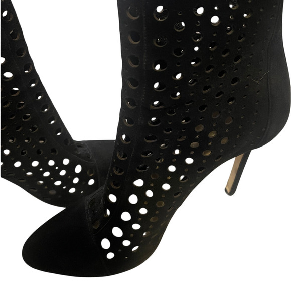 Tamara Mellon 7.5 Laser Cut $895 Italian Suede Ankle Boots Polka Dot Black - Picture 5 of 6